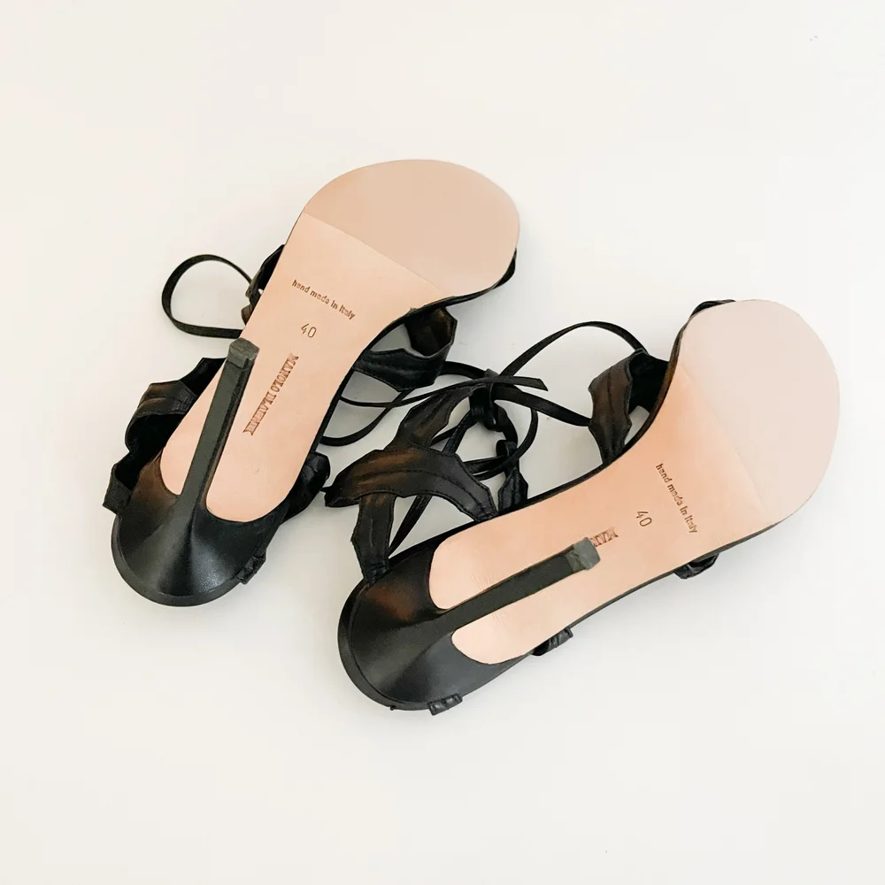Manolo Blahnik Black Leather Leafy Ankle Wrap Sandal Heels (US 9